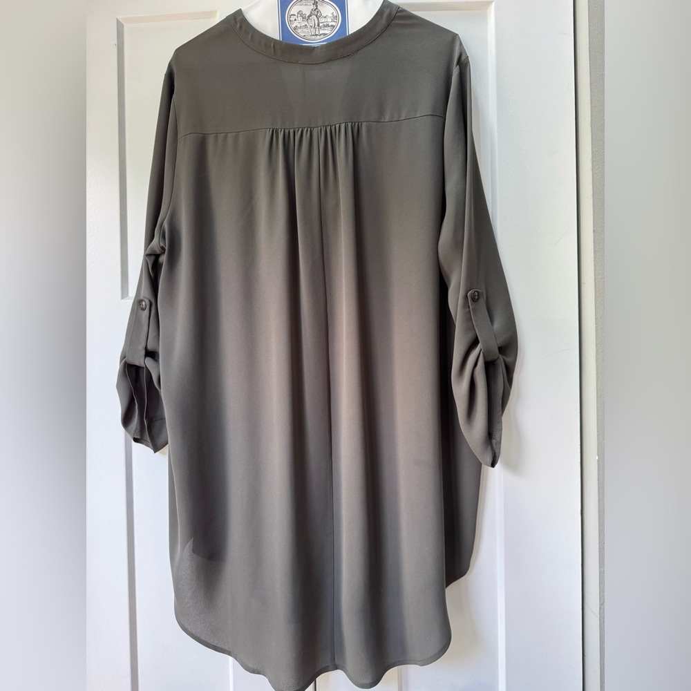 Lush Olive V-Neck Blouse with Roll-Up Sleeves, XL - Picture 2 of 5